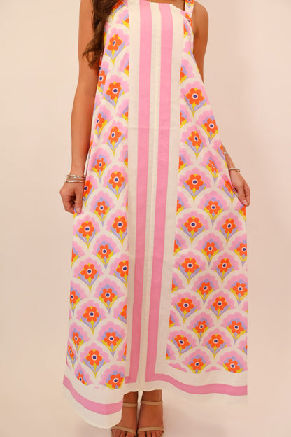 Pink Retro Floral Scallop Stripe Maxi Dress