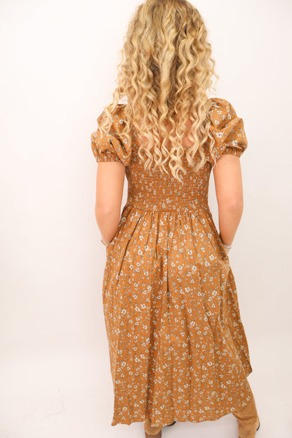 Mustard Floral Print Midi Dress
