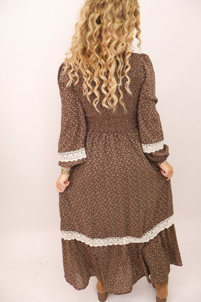 Brown Floral Lace Trim Maxi Dress