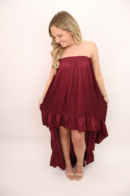 Satin Strapless High-Low Maxi Dress - Burgundy