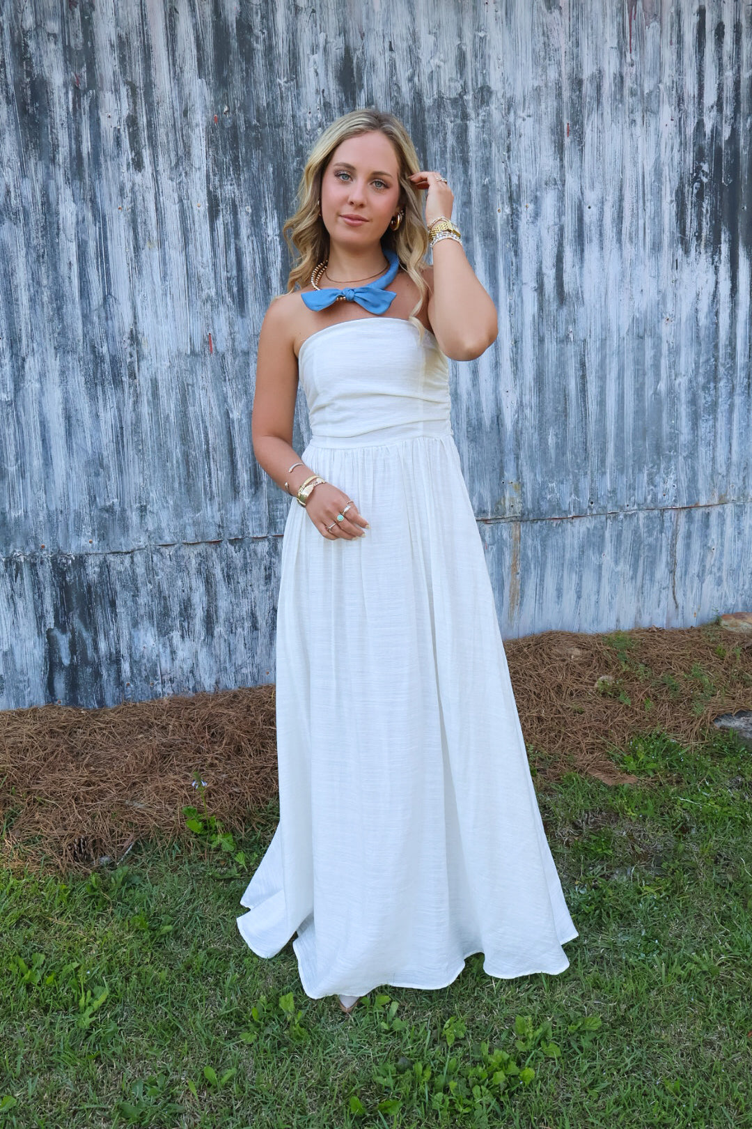 Off White Strapless Maxi Dress