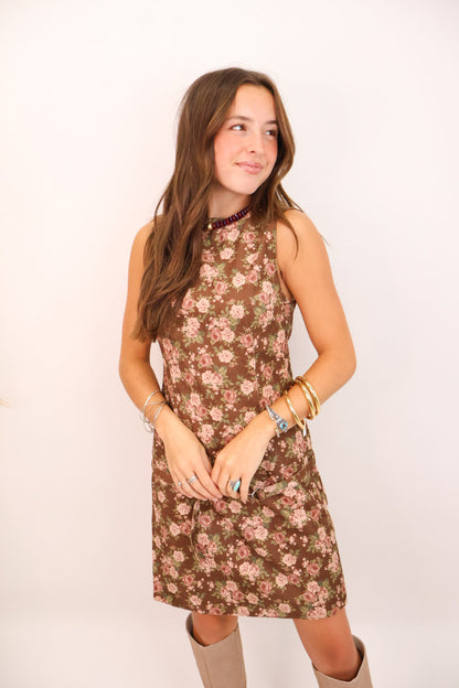 Floral Corduroy Drop-Waist Belt Dress