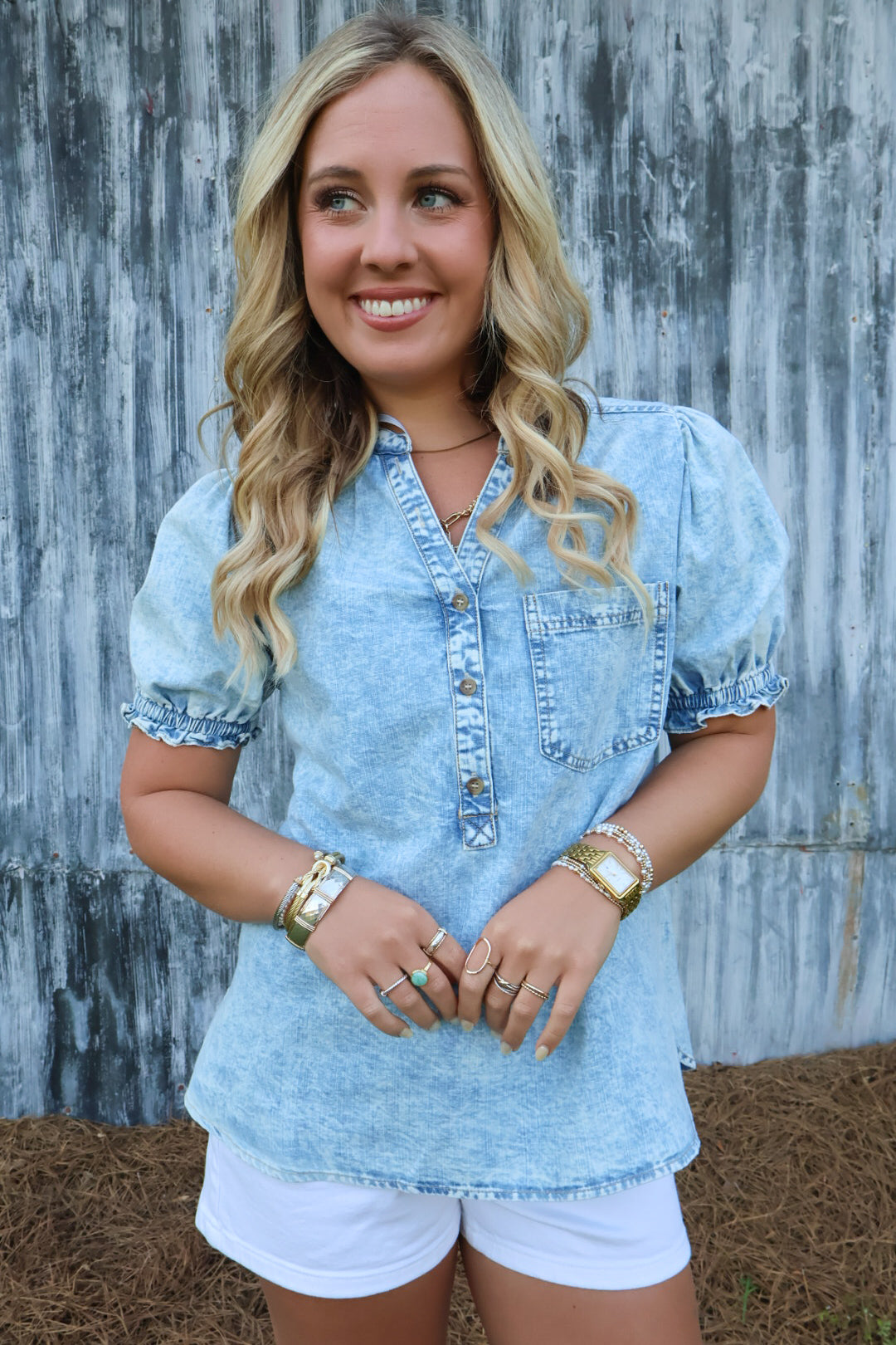 Chambray Denim Half Button Top