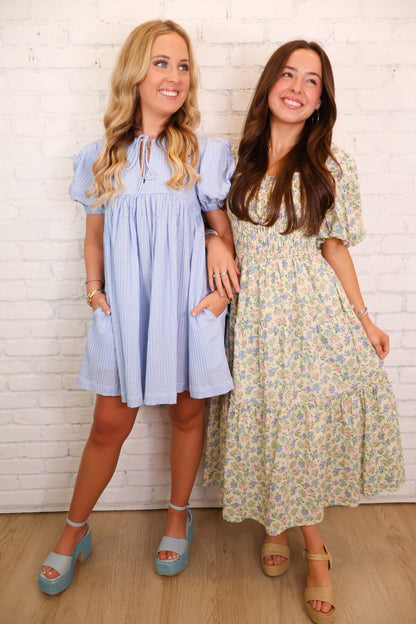 Meadow Bloom Smocked Puff Sleeve Midi Dress