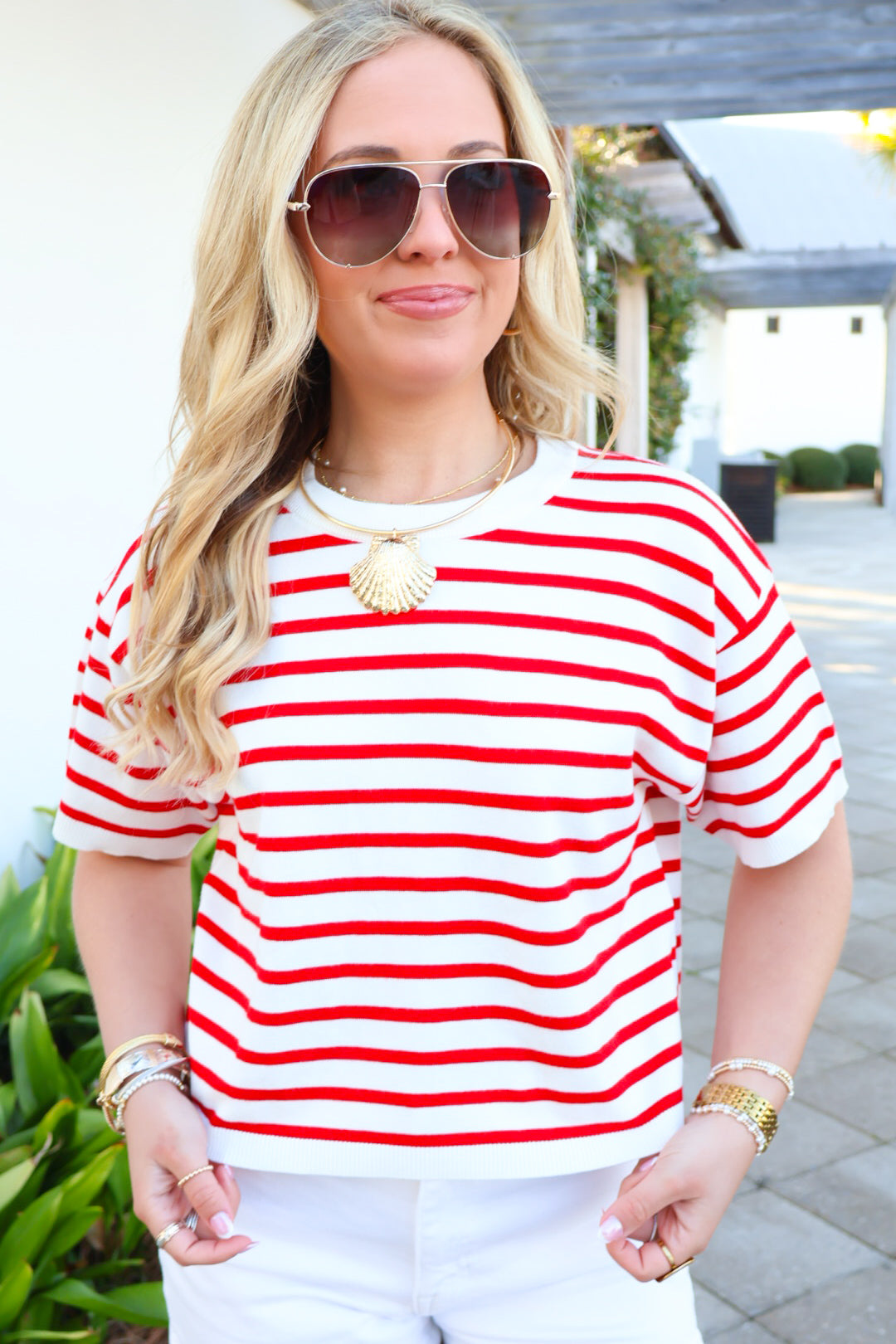 Coastal Classic Striped Sweater Tee – Red