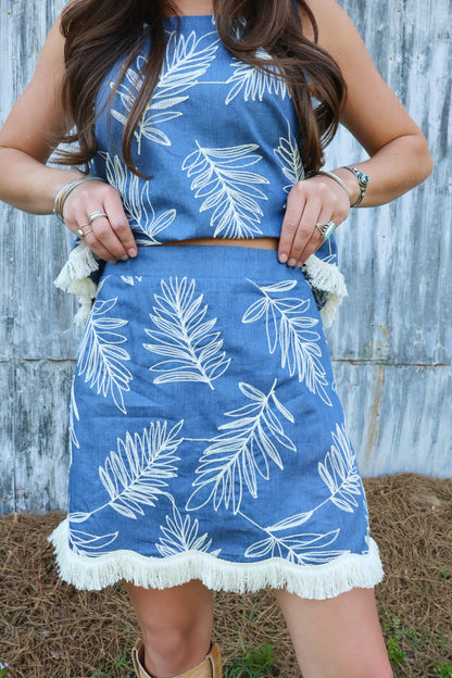 Embroidered Fringe Skirt Set