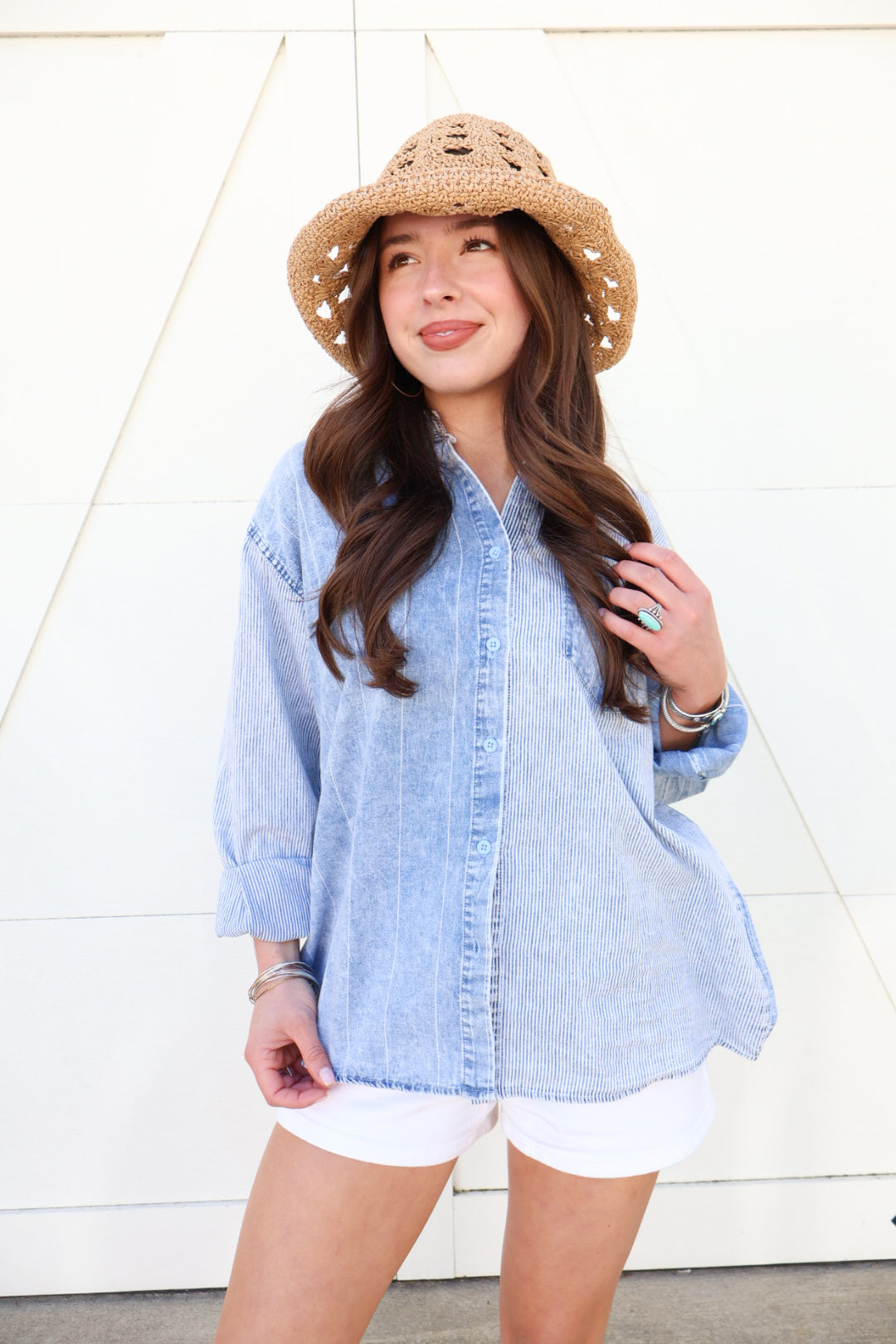 Mixed Stripe Denim Button Down Top