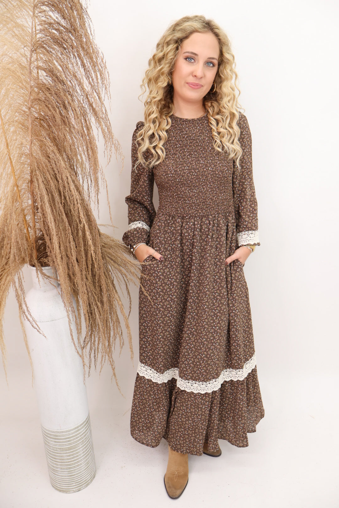 Brown Floral Lace Trim Maxi Dress