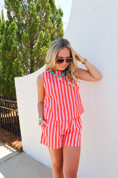 Coral + Pink Punch Striped Shorts Set