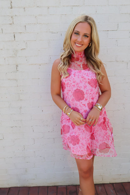 Rosé Garden High Neck Pink Floral Dress