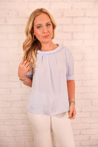 Braided Neck Satin Blouse - Blue
