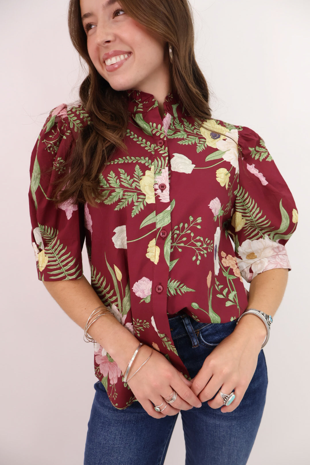 Merlot Floral Button Front Top