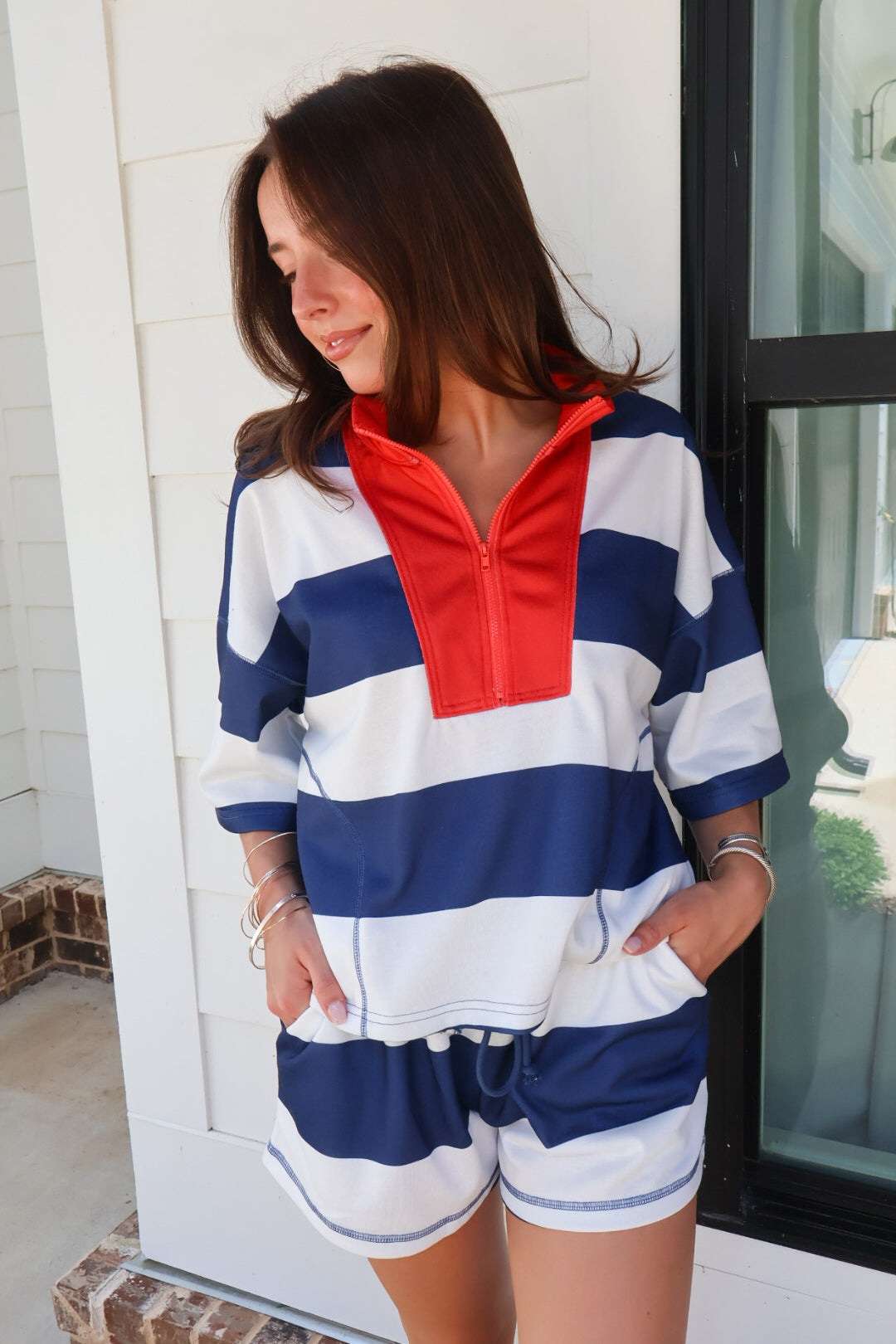 Navy & White Stripe Pullover Shorts Set