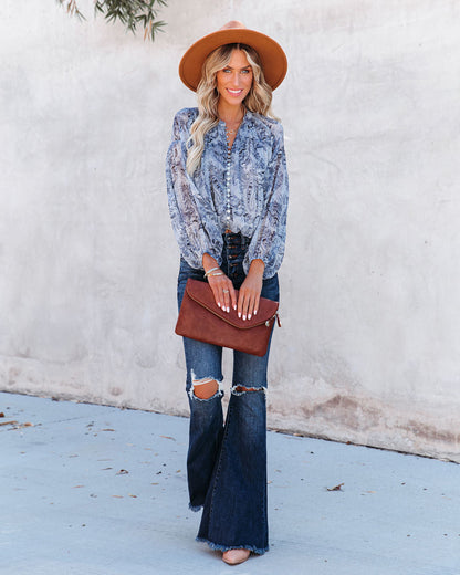 Blue With Bliss Printed Button Down Crop Blouse