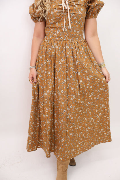 Mustard Floral Print Midi Dress
