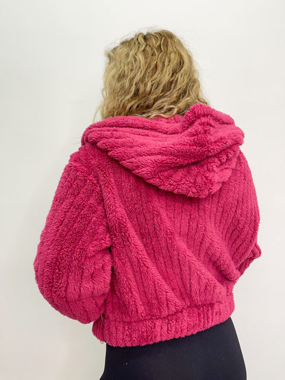 Hooded Ribbed Sherpa Jacket - Raspberry