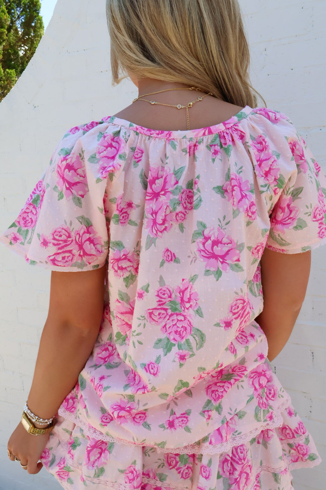 Pink Floral Tiered Skirt Set