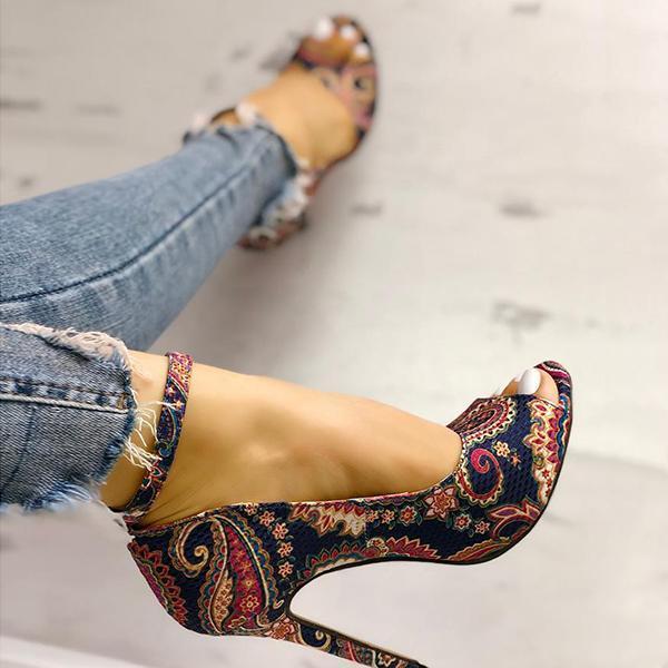 Ethnic Print Ankle Strap High Heels