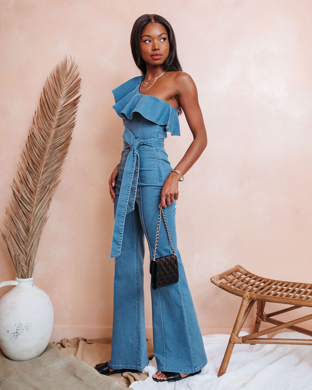 Cameran Cotton One Shoulder Flare Jumpsuit - Denim