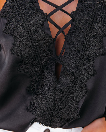 Cherish Love Satin Lace Up Cami Tank - Black