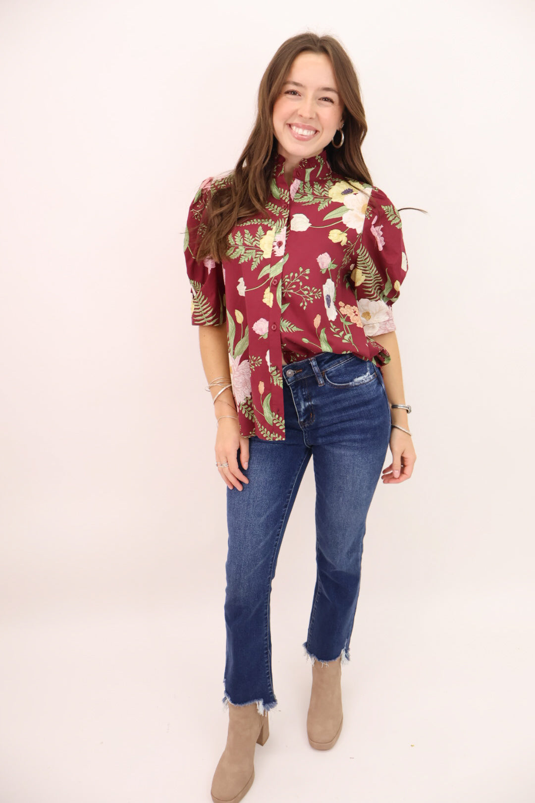 Merlot Floral Button Front Top