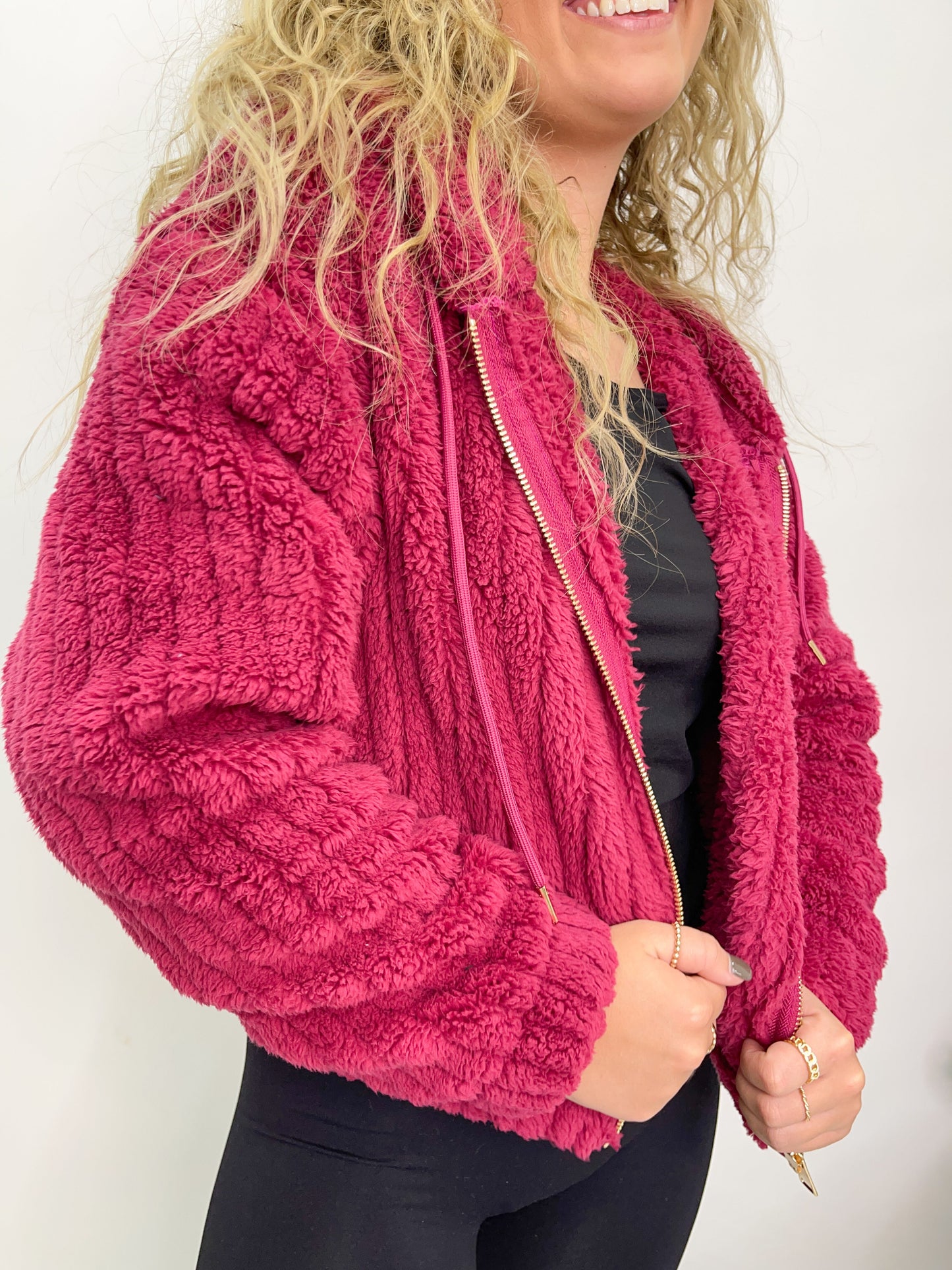 Hooded Ribbed Sherpa Jacket - Raspberry