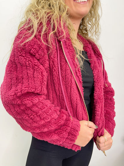 Hooded Ribbed Sherpa Jacket - Raspberry
