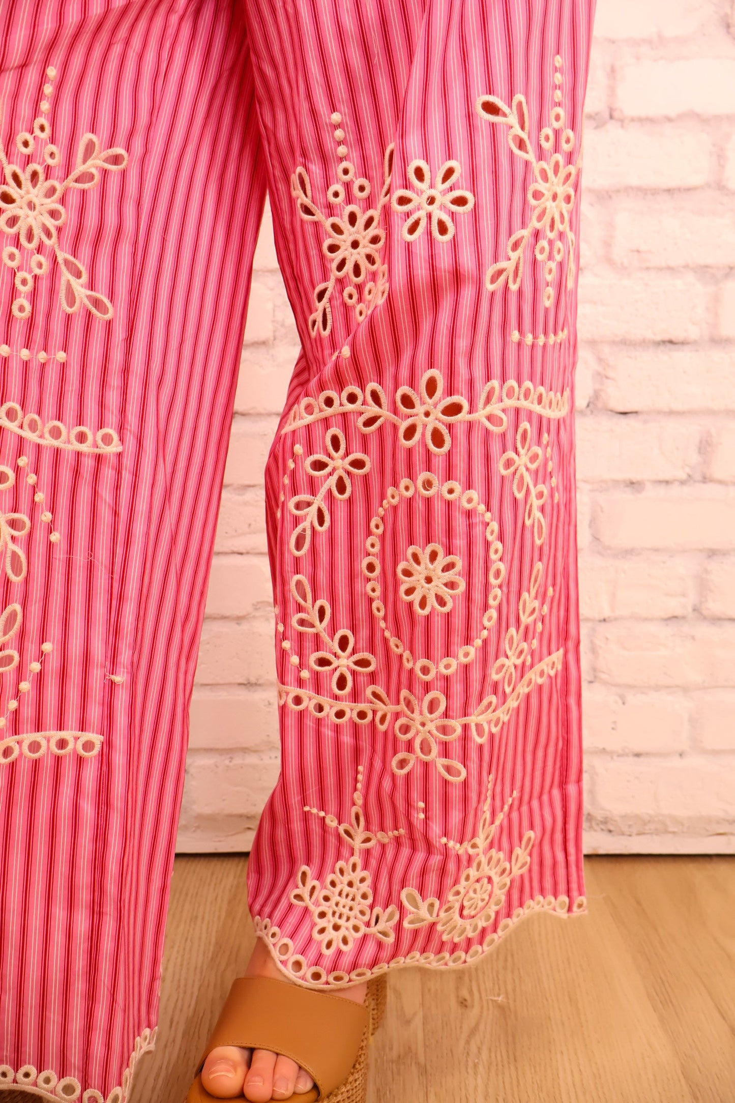 Pink Eyelet Embroidered Stripe Pants Set