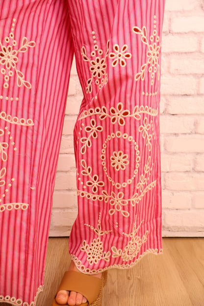 Pink Eyelet Embroidered Stripe Pants Set