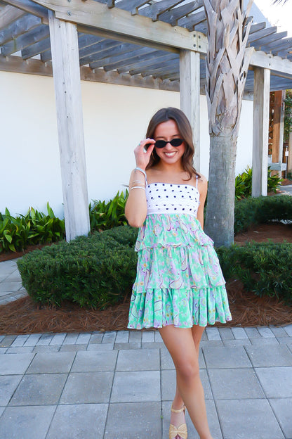 Mixed Print Polka Dot & Floral Tiered Mini Dress