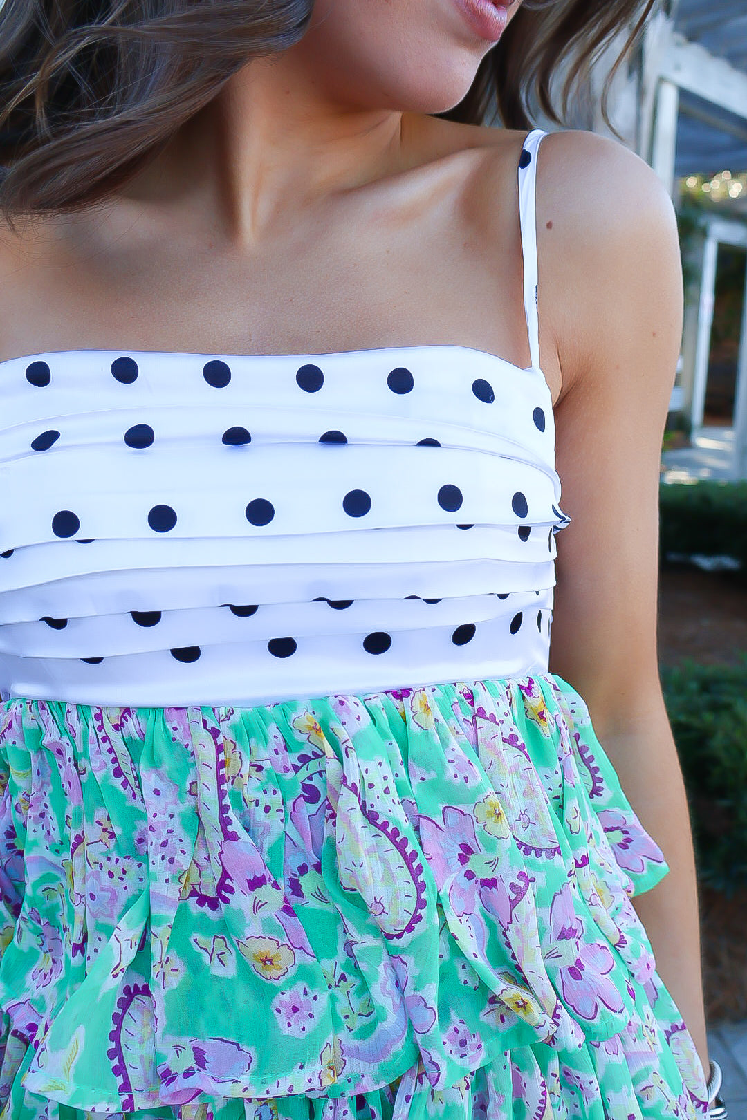 Mixed Print Polka Dot & Floral Tiered Mini Dress