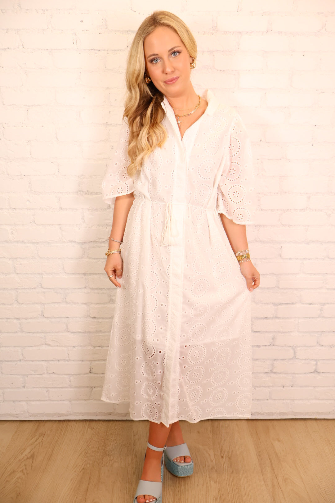 Classic White Eyelet Midi Dress