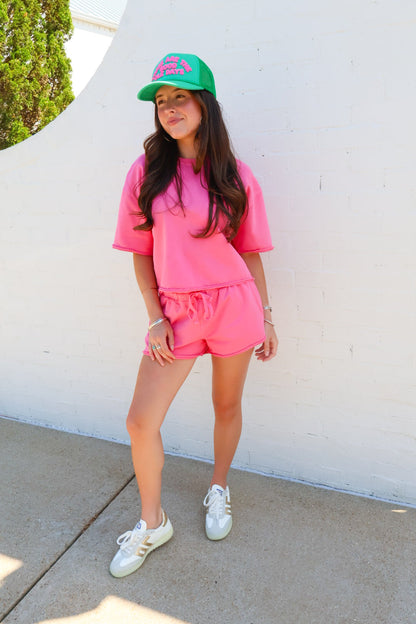 Casual Boxy Tee + Shorts Set - Taffy Pink