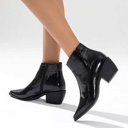 Black Western Ankle Boots Side Zipper Chunky Block Heel Booties