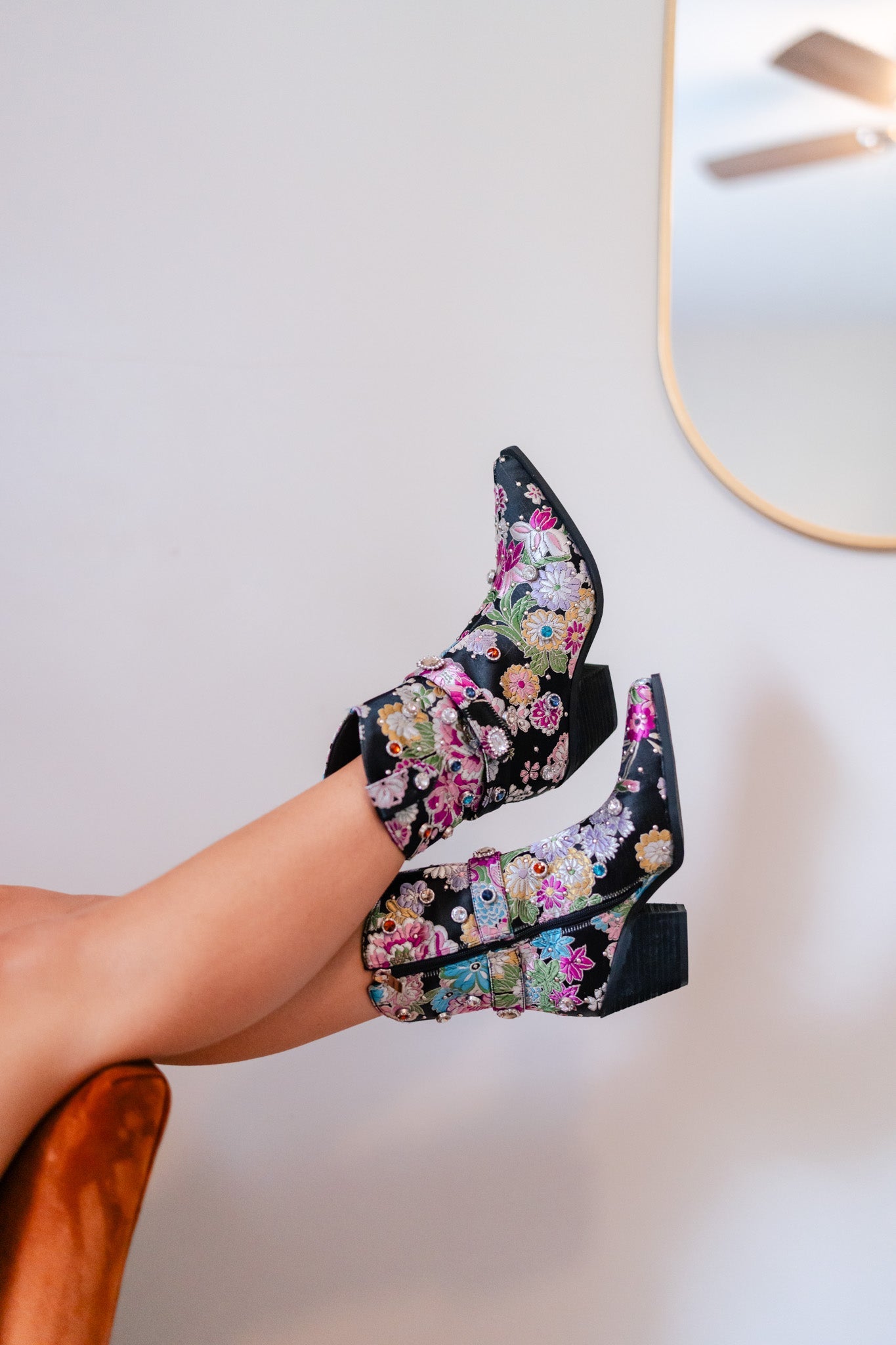 Floral Embroidered Cowboy Booties (Black) FINAL SALE