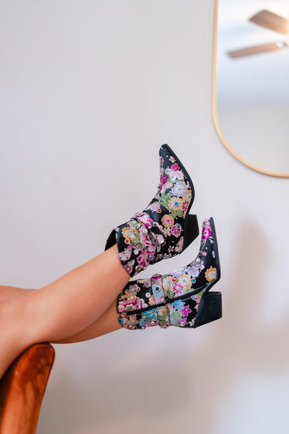 Floral Embroidered Cowboy Booties (Black) FINAL SALE