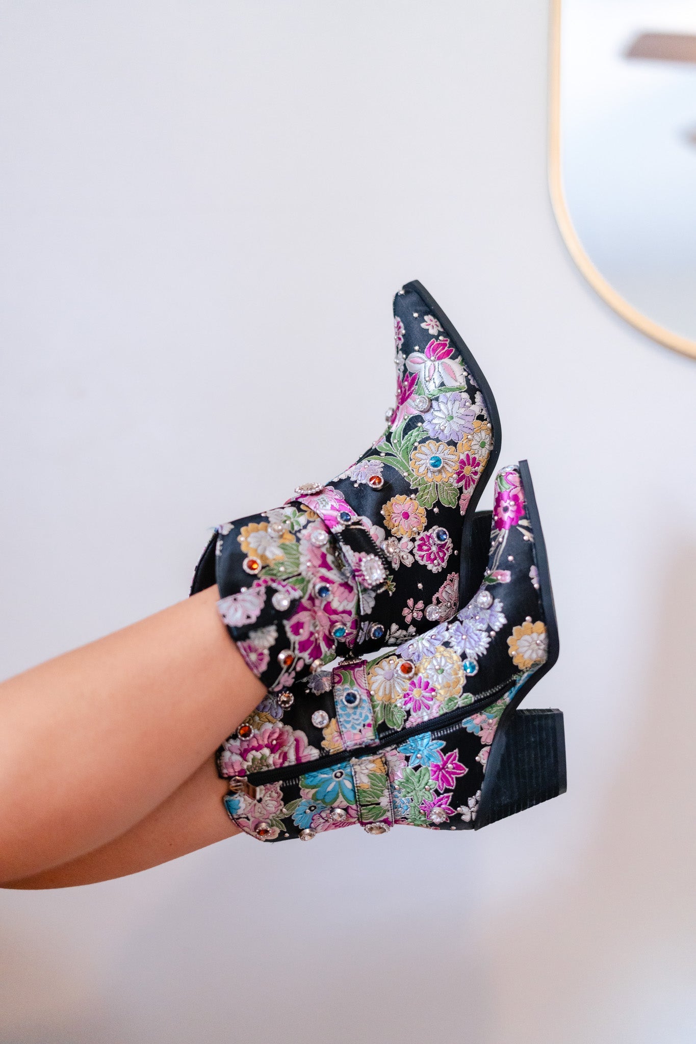 Floral Embroidered Cowboy Booties (Black) FINAL SALE