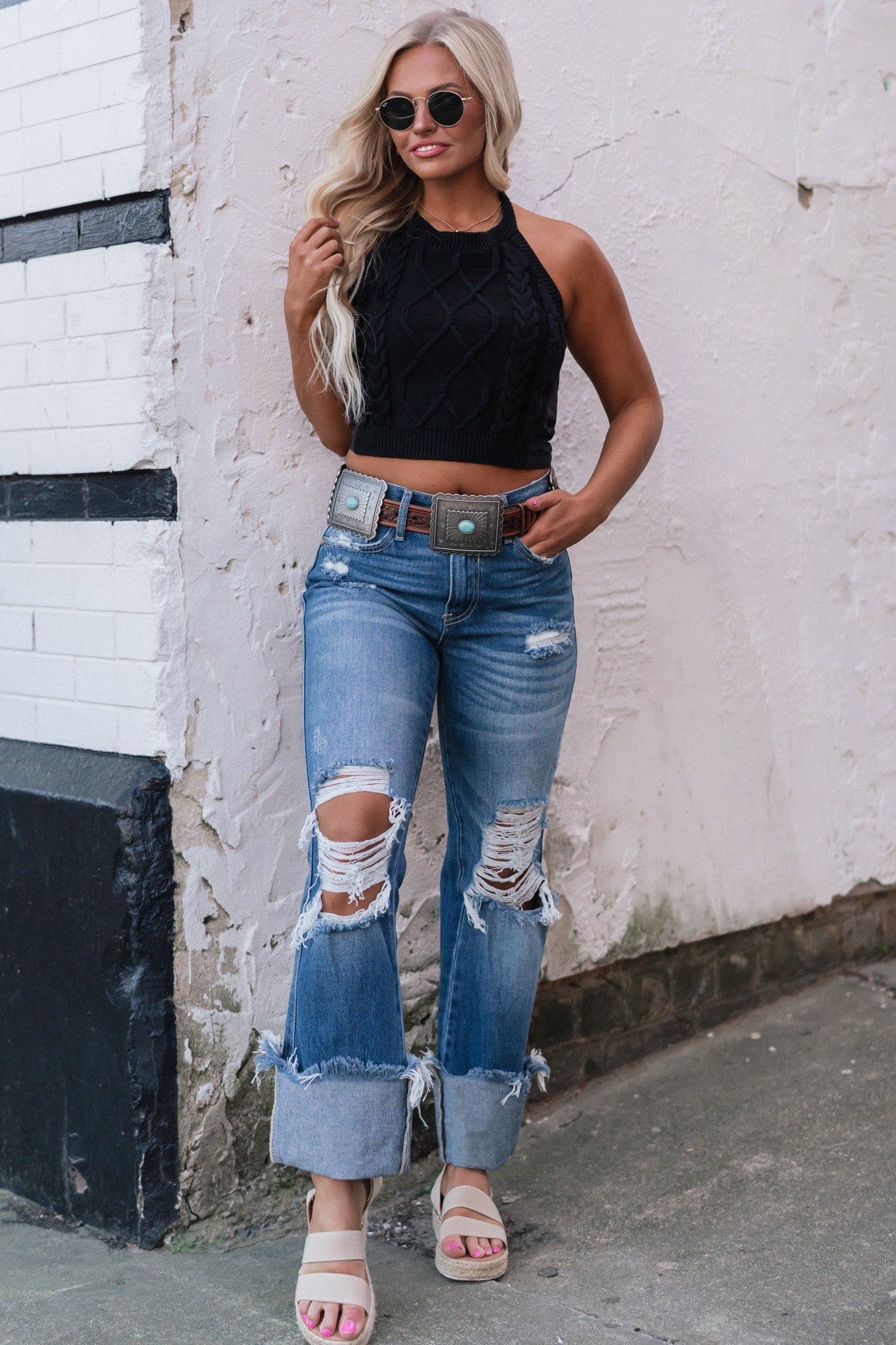 Cable Knit Tie Halter Top (Black)