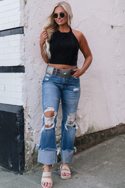 Cable Knit Tie Halter Top (Black)