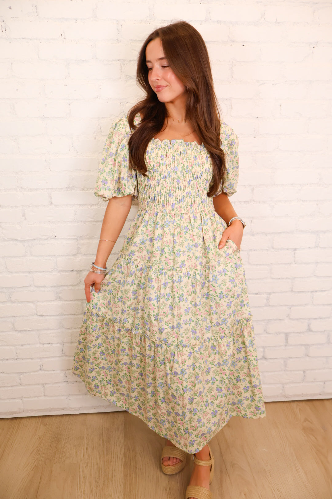 Meadow Bloom Smocked Puff Sleeve Midi Dress