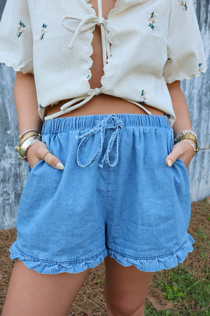 Chambray Denim Ruffle Shorts
