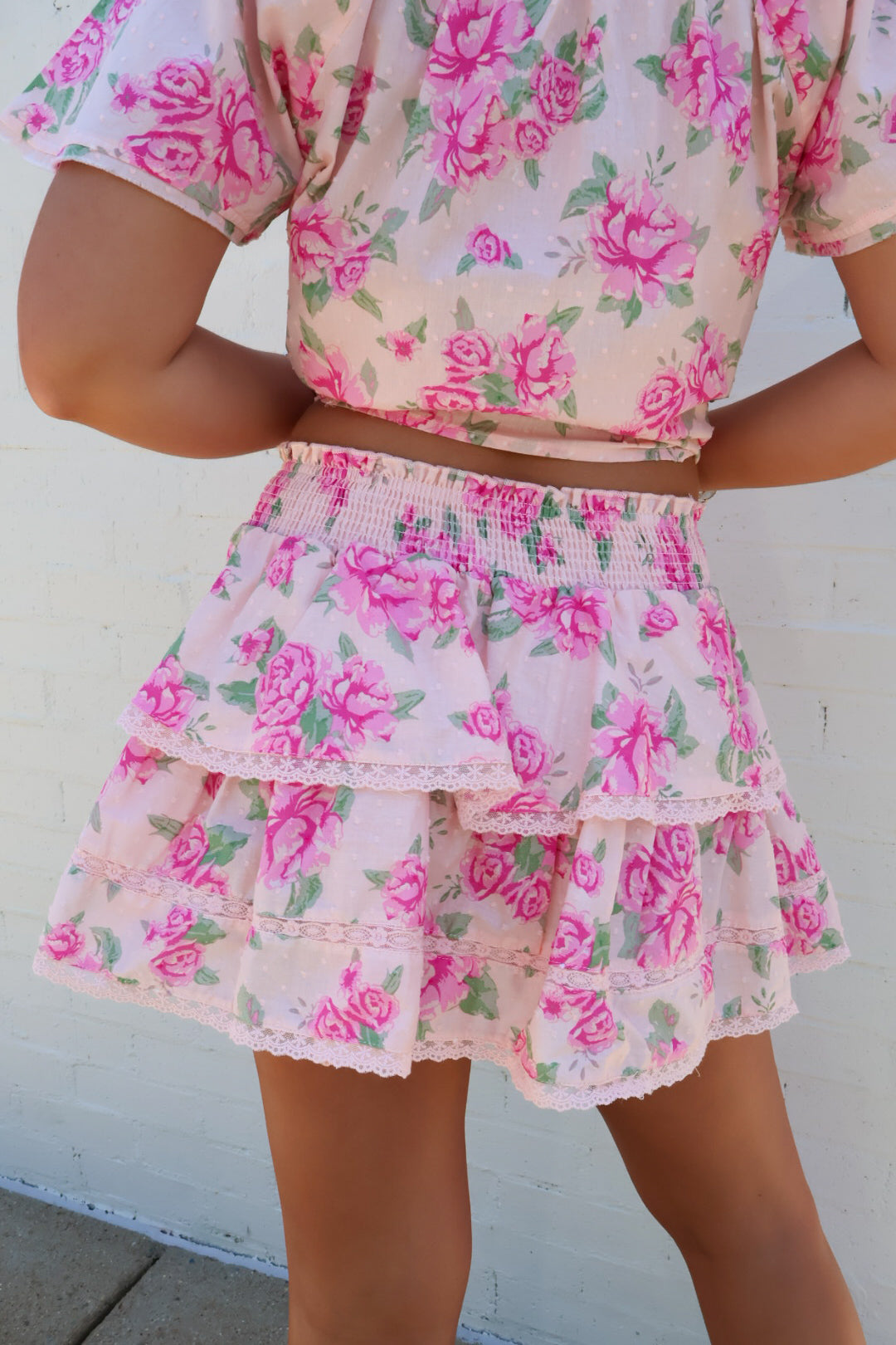 Pink Floral Tiered Skirt Set