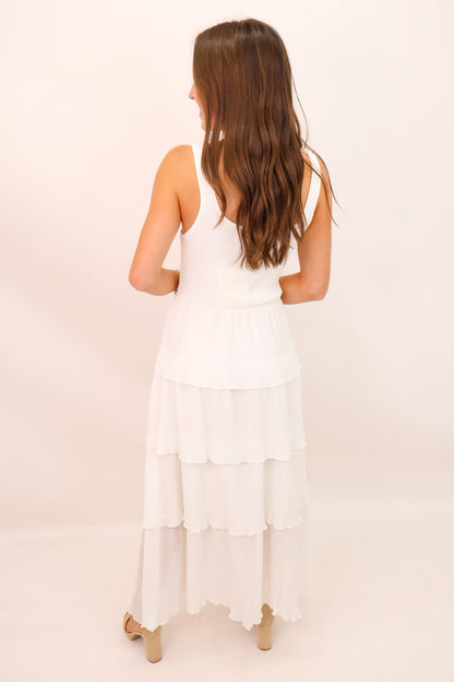 White Pleated Tiered Maxi Dress