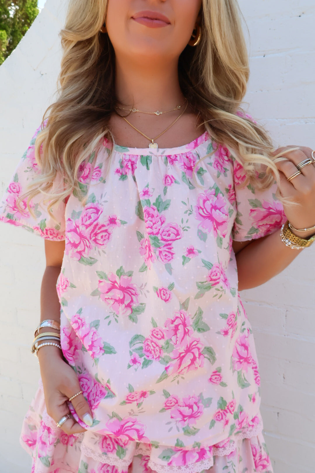 Pink Floral Tiered Skirt Set