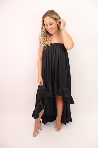 Satin Strapless High-Low Maxi Dress - Black