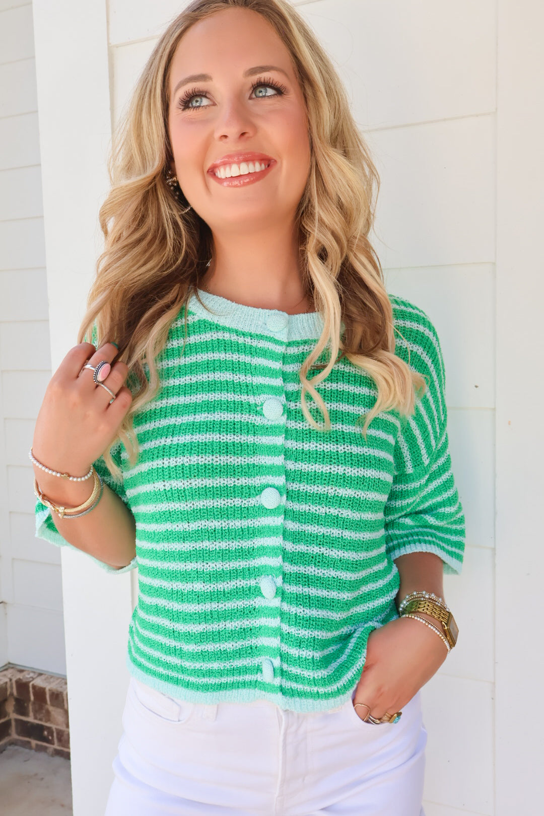 Kelly Green Striped Button Front Sweater