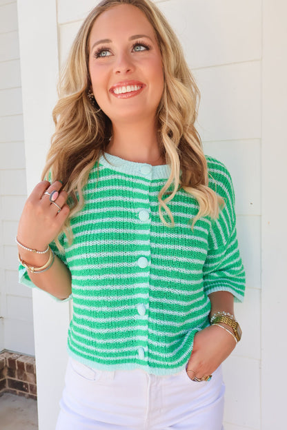 Kelly Green Striped Button Front Sweater