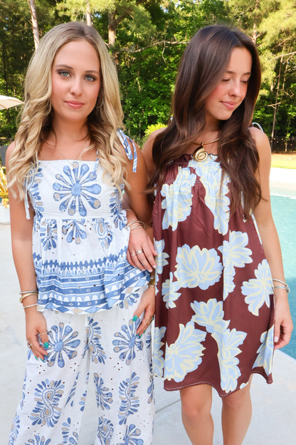 Blue & White Floral Eyelet Pants Set