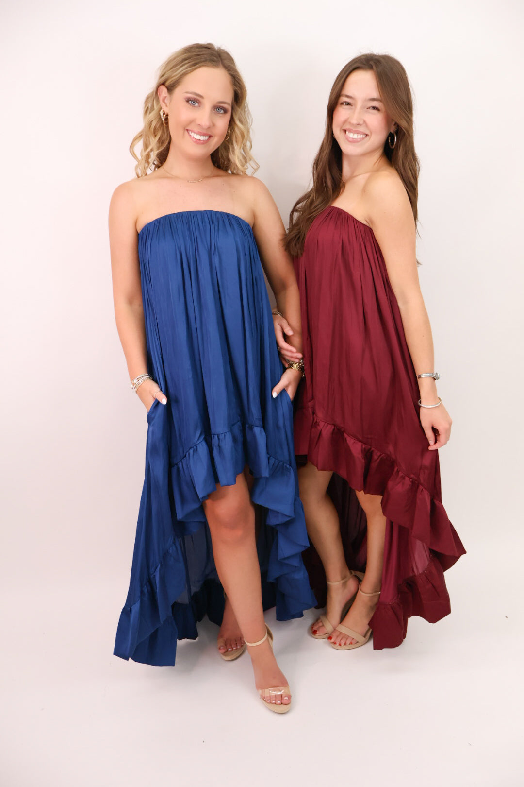 Satin Strapless High-Low Maxi Dress - Burgundy