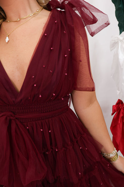 Burgundy Pearl Embellished Tulle Mini Dress